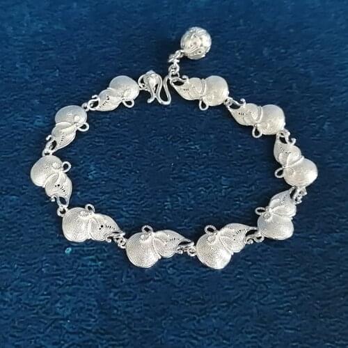 999 Sterling Silver Gourd Bracelet Chinese Handmade Ethnic Miao Jewelry Silver Chain Charms Women Bracelets Hand Chain Bangles