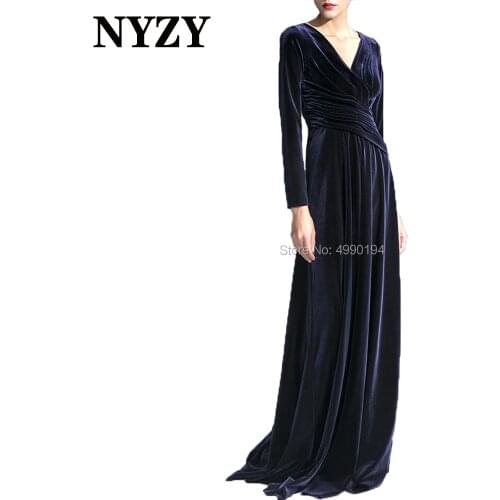 Elegant V Neck Long Sleeves Navy Blue Velvet Mother of the Bride Groom Dresses 2020 NYZY M261 Vestidos de Madrina Formal Dress