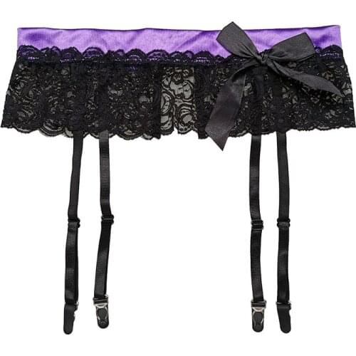 Purple Blue Big Bow Lace Floral Metal Clips Garter Belt for Stockings Women Suspenders Sexy Lingerie Underwear GA1396