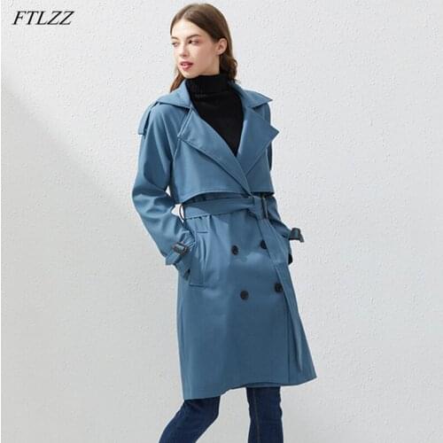 FTLZZ New Spring Elegant Women Turn-down Collar Double Breasted Mid-long Trench Casual Slim Windbreaker Outwear with Belt