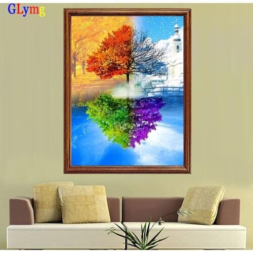 GLymg 5D Diy Four Seasons Tree Diamond Embroidery Round Full Drill Diamond Painting Cross Stitch Landscape Picture Home Decor