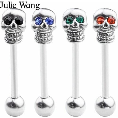 Julie Wang 1PCS Stainless Steel Skull Tongue Piercing Silver Color Septum Industrial Flesh Tunnels Ear Expanders Body Jewelry