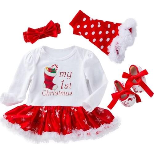 Long Sleeve Baby Christmas Clothes 1 Set of Four-Pieces Newborn Romper Girl Tutu Dress Suits Snowflake New Year Clothing 3-24M