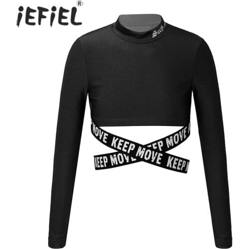 Kids Girls Letter Print Sash Cross Crop Tops Childrens Long Sleeve Crop Top Active Workout Running Gym Yoga Sports T-Shirts