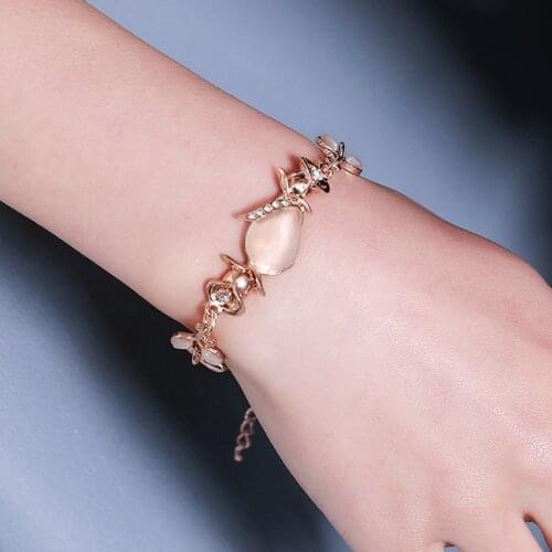 Cute Opal Leaves Rose Gold Bracelet Plant Crystal Opal Stone Charming Bracelet Bangles Classical Wrist Jewelry for Lady Girls