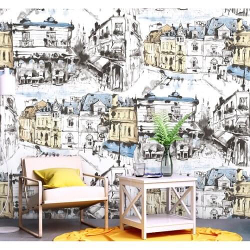 Hand-painted abstract black and white city street creative personality art wallpaper restaurant bar cafe wallpape