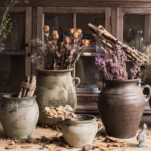 Crude Pottery Pot Flower Vase and Flower Pot Vintage Antique Large Size Soil Ceramic Basin Earthen Jar Dried Flower Arrangement