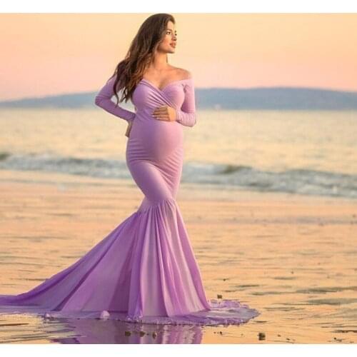 Off Shoulder Maternity Dress Slim Cross-Front V Neck Long Sleeve Gown for Photo Shoot Elegant Pregnancy Dress Photography