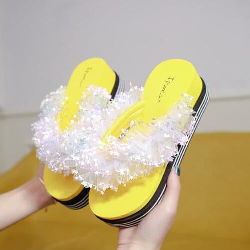 Summer Ladies Slippers Thick-soled Ladies High Heels Flower Flip-Flops Sandals and Slippers Non-slip Wedge Sandals