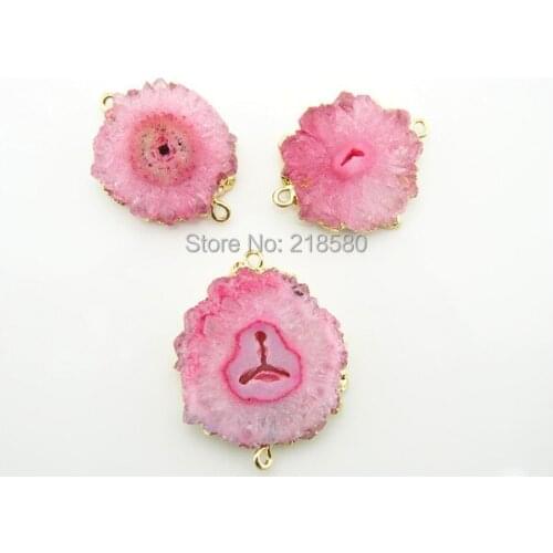 SP-04398 24K Gold Electroplated Edges PINK Crystal Quartz Stalactite Slice Druzy Crystal Gold Double Bail Pendant