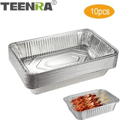 TEENRA 10Pcs Disposable BBQ Drip Pan Non-stick Aluminium Foil Box Heat-resistant BBQ Tin Tray Camping BBQ Tools