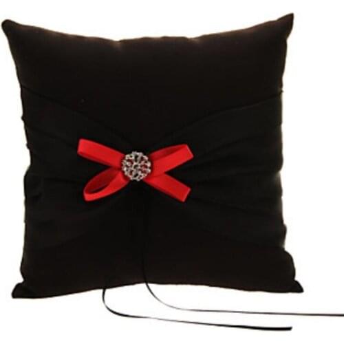 20*20cm Black and Red Vintage Satin Bowknot Rhinestone Wedding Ring Pillow with Lace Flower Decor Bridal Mariage Decoration