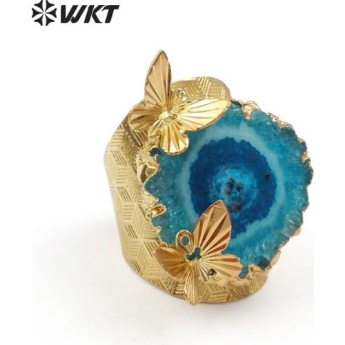 WT-R324 Bohomia Style Colorful Natural Stalactite Quartz Rings With Double Full Gold Butterfly Charm Vintage Design Gift For Her