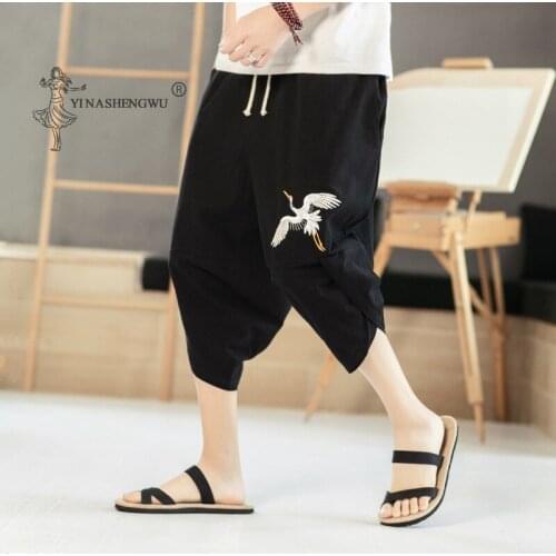 Japanese Style Crane Embroidered Pants Kimonos Harajuku Yukata Beam Feet Harem Men Asian Japan Traditional Cropped Male Costume