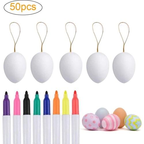 50pcs Plastic Decorative Kids White Carft Easter Egg With Hanging Rope DIY Festival Decor Painting Eggs With 8 Color Pens