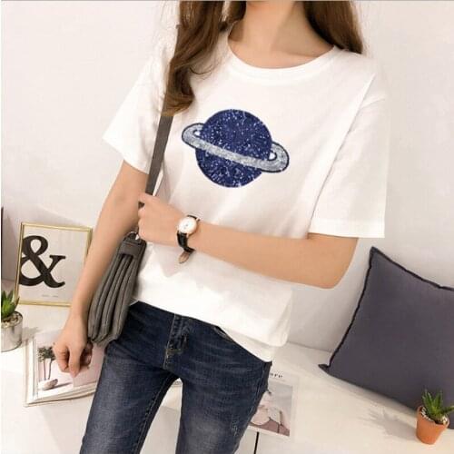2021 Korean Sweet Style Short Sleeve T-shirt Planet Pattern Loose Simple Trend Top Large Size Multi-color T Shirt Summer Women