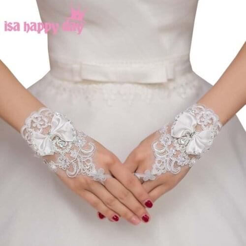 Wrist Length Hollow Band Fingerless Bride Gloves Lace Crystal Women Girls Elegant Bridal Wedding Accessories Ivory Bowknot