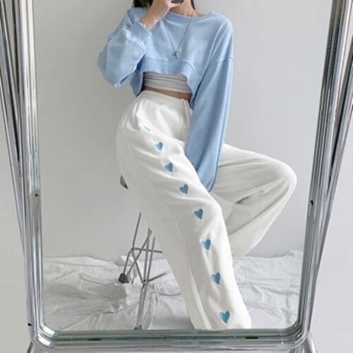 Heart Print Sweatpants Women Korean Casual Loose Femme High Waist Harajuku Trousers Wide Leg Sport Jogger Harem Pants Streetwear