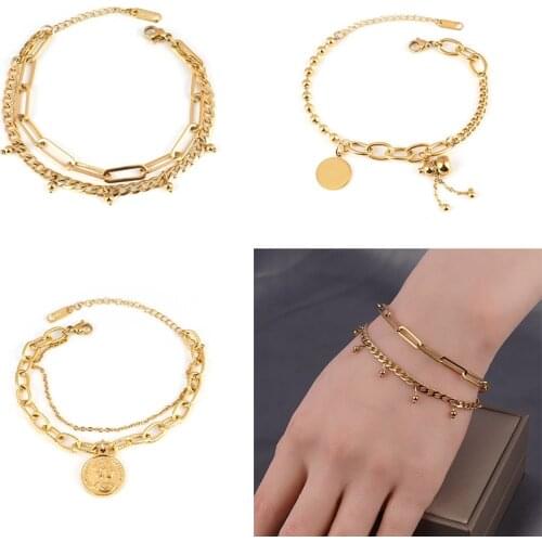 Punk Stainless Steel Bracelet For Women coin Pendant Thick Chain Bracelet Charm bracelets Party Jewelry Gift friends