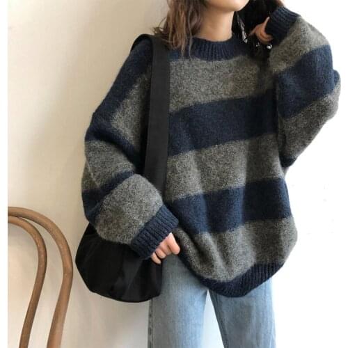 Thick Sweater Vintage Striped Women Oversized Loose Y2k Pullover Streetwear Autumn Knitted Long Sleeve Tops Pullovers Sweaters