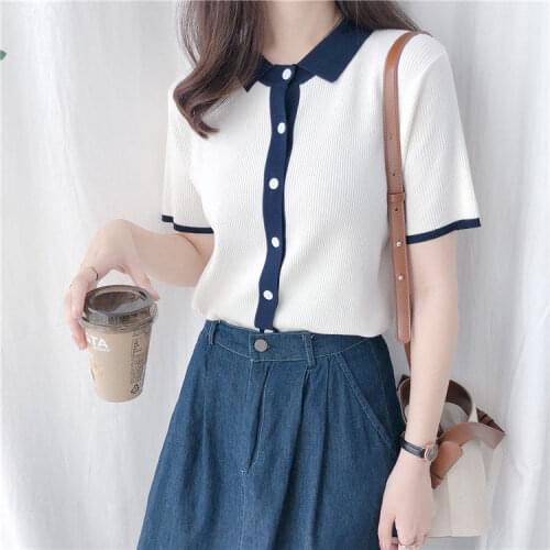 Student 2021 summer collar Vintage ice silk knitted cardigan Female Short Sleeve Jacket harajuku sweater knitted sweater