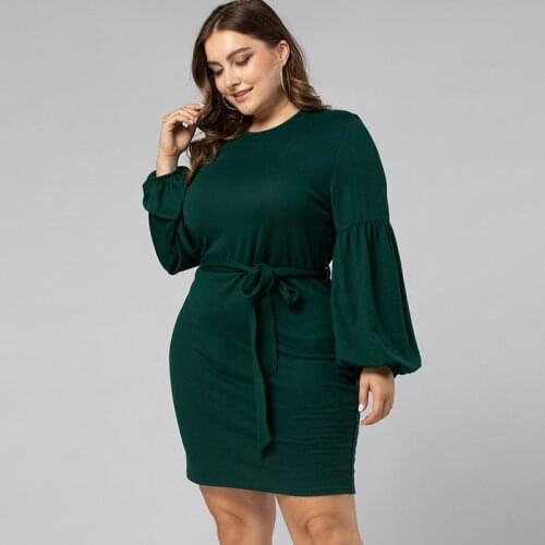 DOIB Dark Green Dresses Plus Size Solid Color Patchwork Pencil Large Size Dress Women Vintage Sashes Big Size Dress 4XL