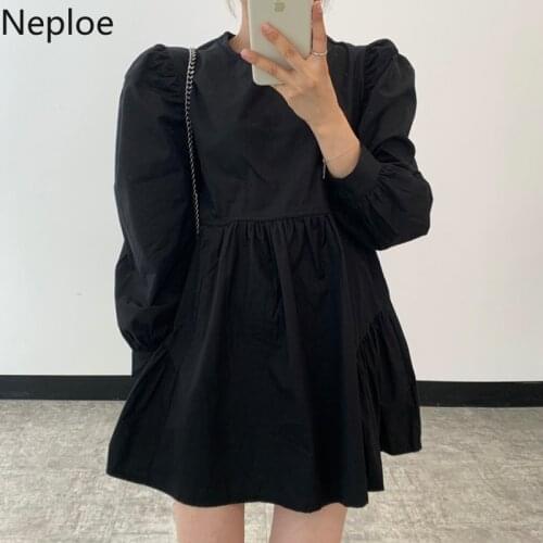 Neploe Women Dress 2021 Spring Autumn Korean Chic Simple O Neck Loose Fashion Vestidos Elegant Harajuku Long Sleeve Mini Dresses