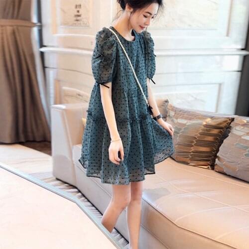 2021 Summer Dress Fashion Korean Chic French Bubble Sleeve Dress Floral A-line Dresses Blue O-Neck White Dresses Robes New 15429