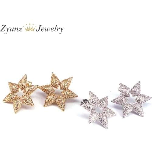 3 Pairs, Gold Silver Color CZ Micro Pave Star Flower Stud-Earrings Wedding Jewelry Brincos Romantic Zirconia for Girl Women Gift
