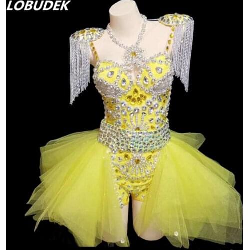 Bodysuit++Skirt+Epaulet) Yellow Rhinestones Women Set Luxury Stage Costume Nightclub Bar DJ Singer Performance Dance Outfits
