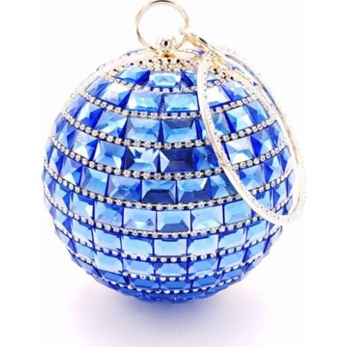 European Rhinestone Plaid Evening Bag Women Geometric Blue Silver Crystal Gem Ring Handbag Balll Crossbody Bag Wedding Party Bag