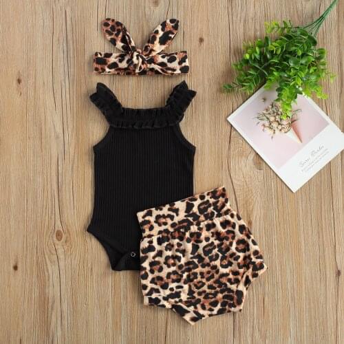 Summer Lovely Baby Girls Clothes Sets Knit Sleeveless Romper Tops Leopard Shorts Headband 0-18M