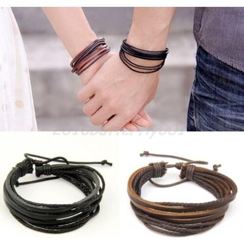 Leather Wrap Multilayer Braided Rope Wristband Cuff Punk Men Women Hot Surfer Bracelet Bangle Couples Bohemia Jewelry