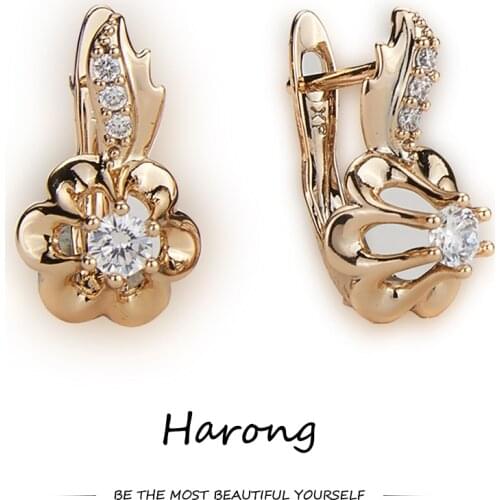 Harong New Luxury Copper Flower Crystal Stud Earrings Female Golden Metal Small Earring Jewelry Accessories Gift For Woman Girl
