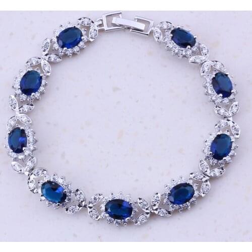 Charming Blue Created Crystal & White AAA Zircon Silver Color Flower Charm Bracelets For Women Trend Fashion Jewelry D0008