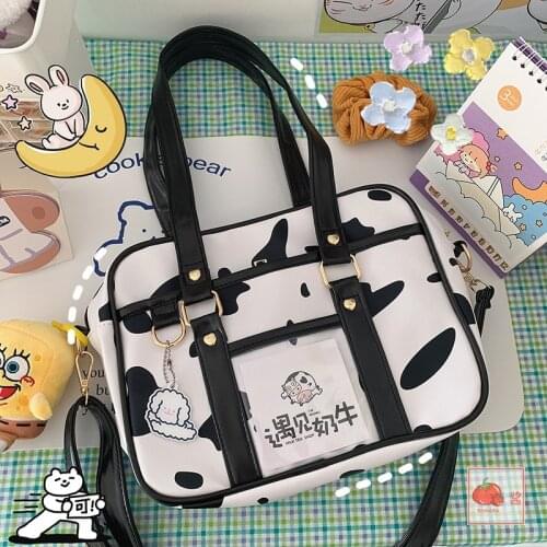 Japanese Designer Cute Cow Print Shoulder Bag Brand Large Uniform Messenger Bag JK School Bags Leather Handbags Casual Totes