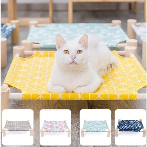 Elevated Cat Hammock Bed Wood Canvas Cat House Lounge for Small Dog Kitten Rabbit Detachable Cats Lazy Bed Pet Sleeping Supplies