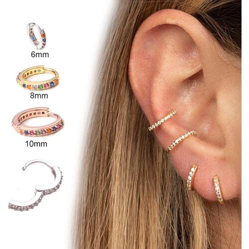 1 Pcs Multicolor CZ Stone Rainbow Hoop Earrings Tiny Huggie Helix Tragus Daith Conch Rook Snug Ear Piercing Jewelry 6/8/10/12mm