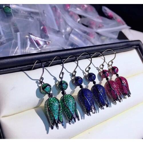 925 sterling silver with cubic zircon magnolia flower drop earring fine women jewelry red blue green color free shipping