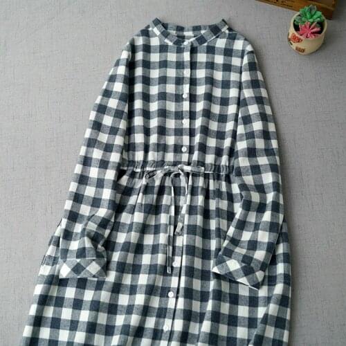 Special spring and autumn womens Plaid Dress ground wool cotton long sleeve dress stand collar Dress 0902-3