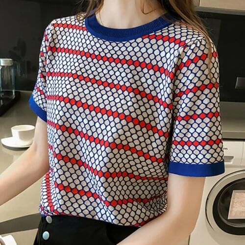 Vintage Sweaters Pullover Womens Summer Style Short Sleeve Casual O-Neck Striped Knitted Sweater Female Jumpers For Women Ladies