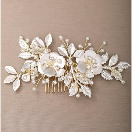 Luxury Golden Flower pearl Hair Combs Headdress Prom Bridal Wedding Hair Accessories Leaves Hair Jewelry Hair Pins Handmade