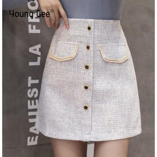 Young Gee High Street Fashion Runway Designer Autumn Winter Skirt 2019 Women Single Buttons Tweed Wool Mini Skirts jupe femme