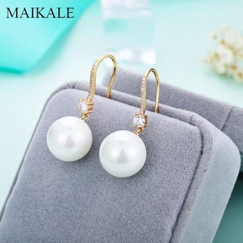 MAIKALE Unique Design 16mm White Pearl Drop Earrings for Women Gold Hook Earrings with Pearl and Zirconia Fashion Jewelry