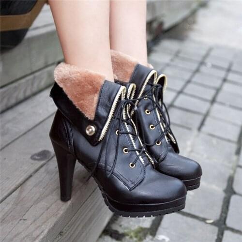 PXELENA Hot Women Ankle Boots Warm Winter Fur Shoes Rubber Sole High Heels Platform Women Ankle Boot Snow Boots Plus Size 34-43