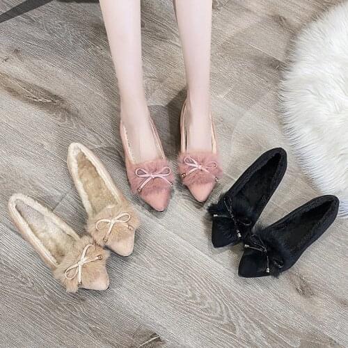 New Warm Plush Fur Flats Women Shoes Woman Pointed Toe Slip on Shallow Casual Shoes Bow Knot Solid Flock Ballet Flats Loafers