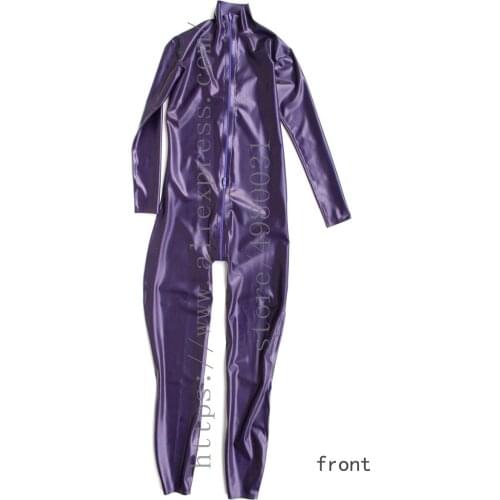 Bling metallic purple latex jumpsuit long sleeve womens latex catsuit rubber with front zip to ass