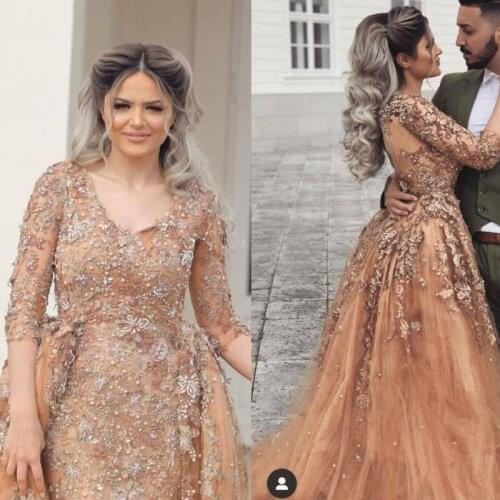Photoshoot Arabic Prom Dresses Long Applique Beading Tulle Tiered Evening Dress Removable Skirt abiye vestido de fiesta