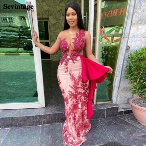 Sevintage Mermaid Appliques Lace Evening Dress Sheer Tulle Matt Satin Prom Party Gowns Floor Length Princess Women Dresses