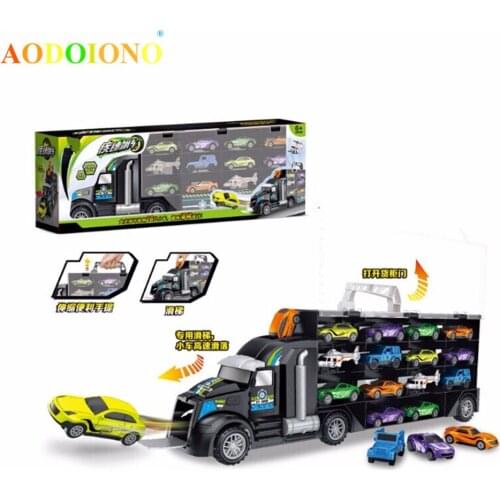 15Pcs/set Transport Car Carrier Truck Boys Toy Include Alloy 10 Cars 2 Helicopters 2 Roadblocks City Map for Kid Children